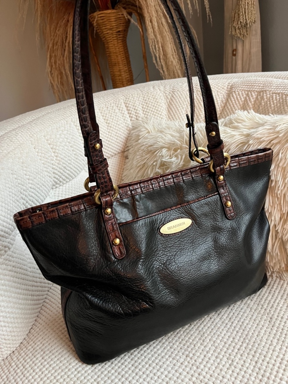 Brahmin Arno Tuscan Tote - Black Leather Tote w/ Brown Croc Trim - Picture 5 of 16